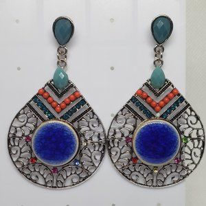 Blue and Orange Bead and Gem Metal Large Earring.